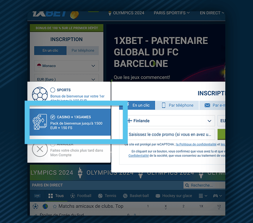 1xbet casino comment reclamer bonus etape 1