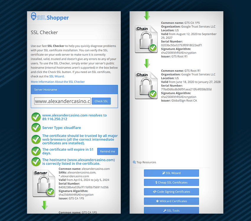 alexander casino certificat ssl