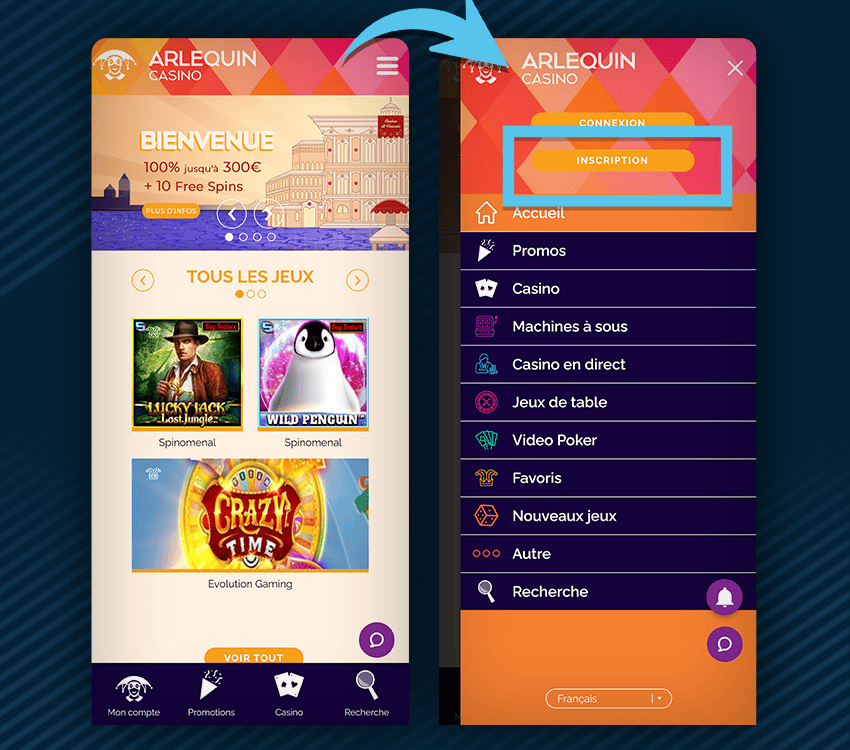 comment s'inscrire sur arlequin casino etape 1