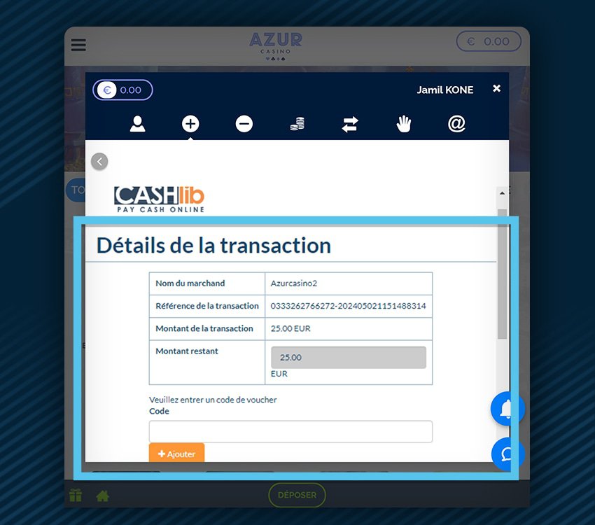 azur casino comment deposer cashlib etape 1