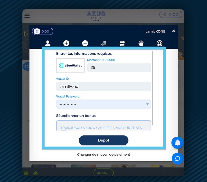 azur casino comment deposer ezeewallet etape 1