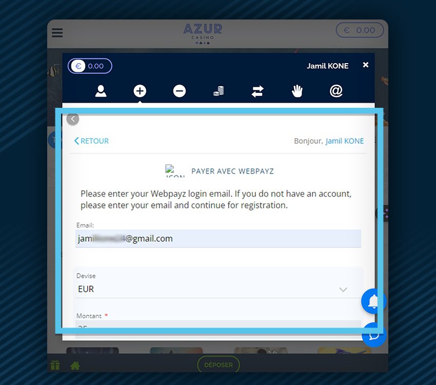 azur casino comment deposer webpayz etape 1