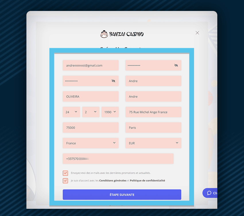 banzai casino comment s'inscrire etape 2