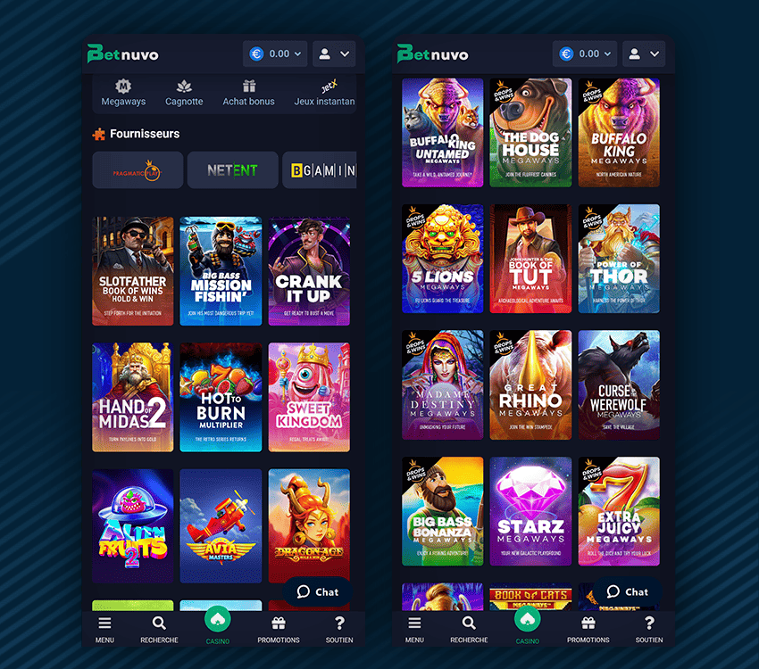 catalogue de jeux disponibles sur betnuvo casino