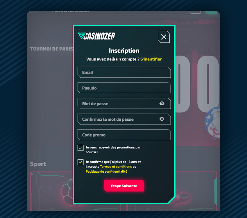 comment s'inscrire sur casinozer etape 2