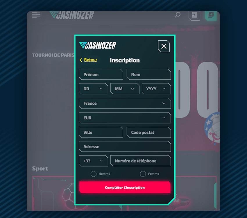 comment s'inscrire sur casinozer etape 3