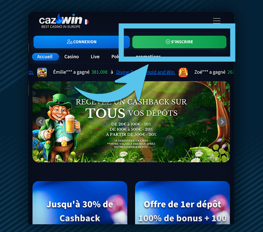 comment s'inscrire sur cazwin casino etape 1