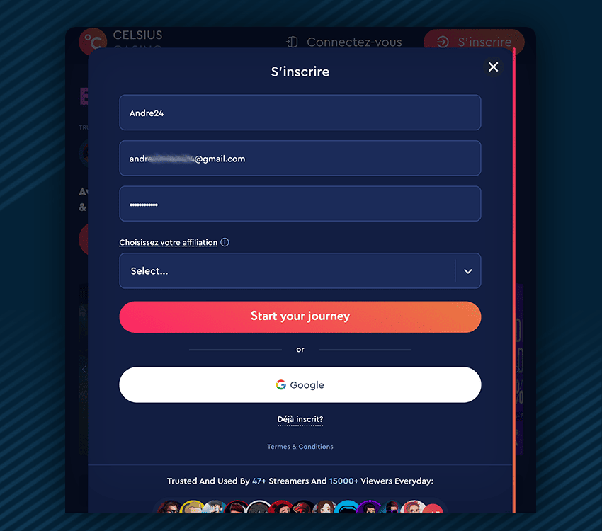 comment s'inscrire sur celsius casino etape 2