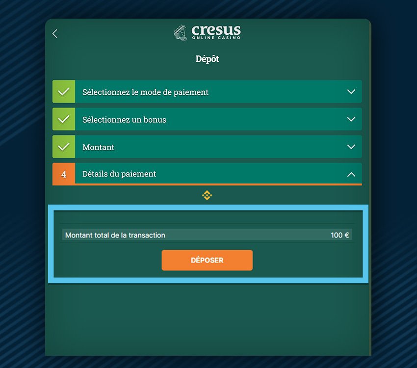 cresus casino comment deposer binance etape 1