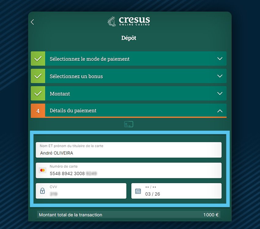 cresus casino comment deposer carte de credit etape 1