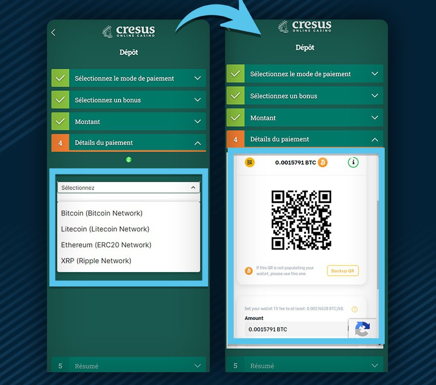 cresus casino comment deposer crypto etape 1