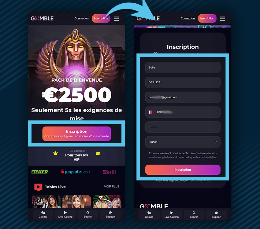 comment s'inscrire sur gxmble casino etape 1