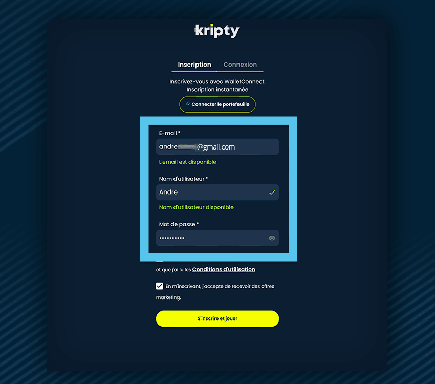 kripty comment s'inscrire etape 2