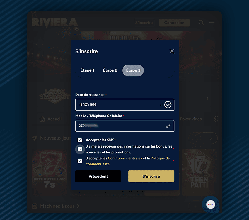 la riviera casino comment s'inscrire etape 3