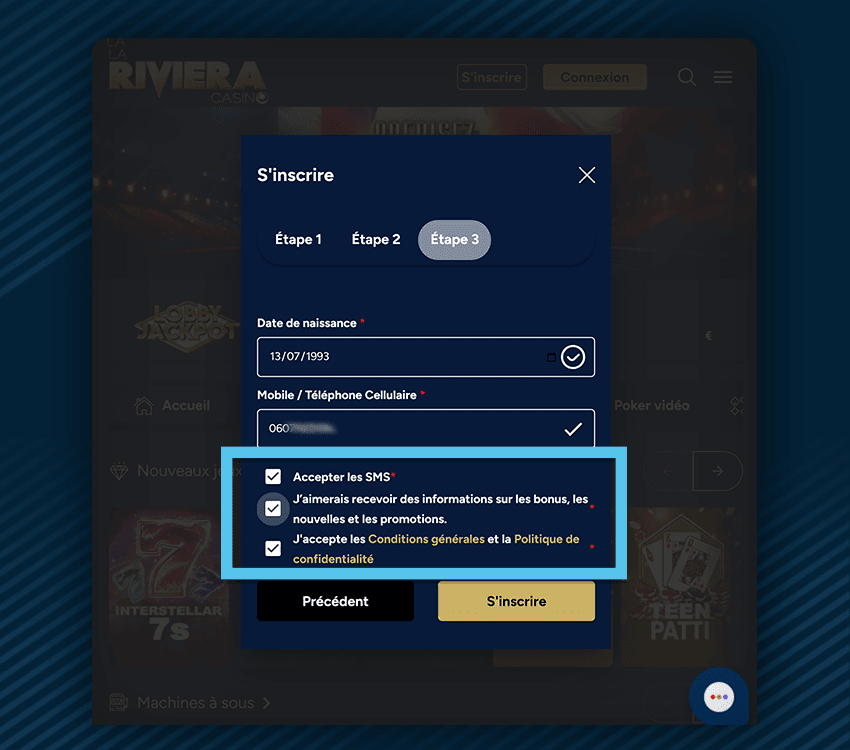 la riviera casino comment s'inscrire etape 4