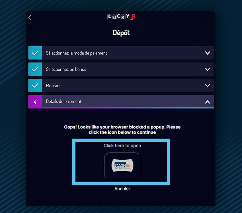 lucky8 comment deposer cashlib etape 3
