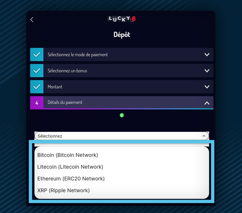 lucky8 comment deposer cryptomonnaie etape 1