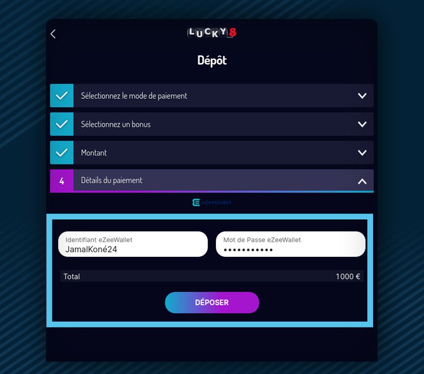 lucky8 comment deposer ezeewallet etape 1