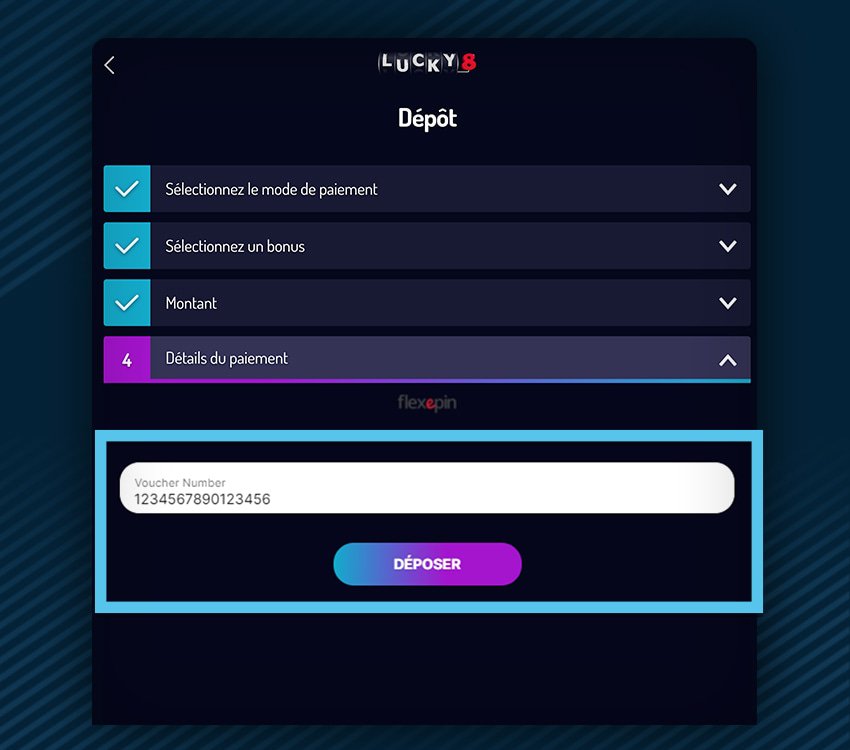 lucky8 comment deposer flexepin etape 1