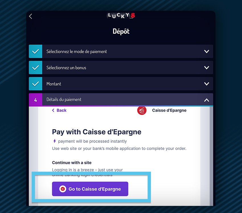 lucky8 comment deposer virement instantane etape 7