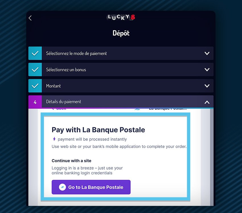 lucky8 comment deposer virement instantane etape 9