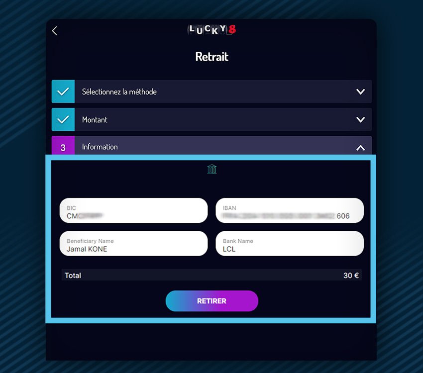 lucky8 casino comment retirer etape 6