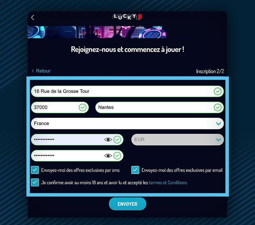 lucky8 casino comment s'inscrire etape 3
