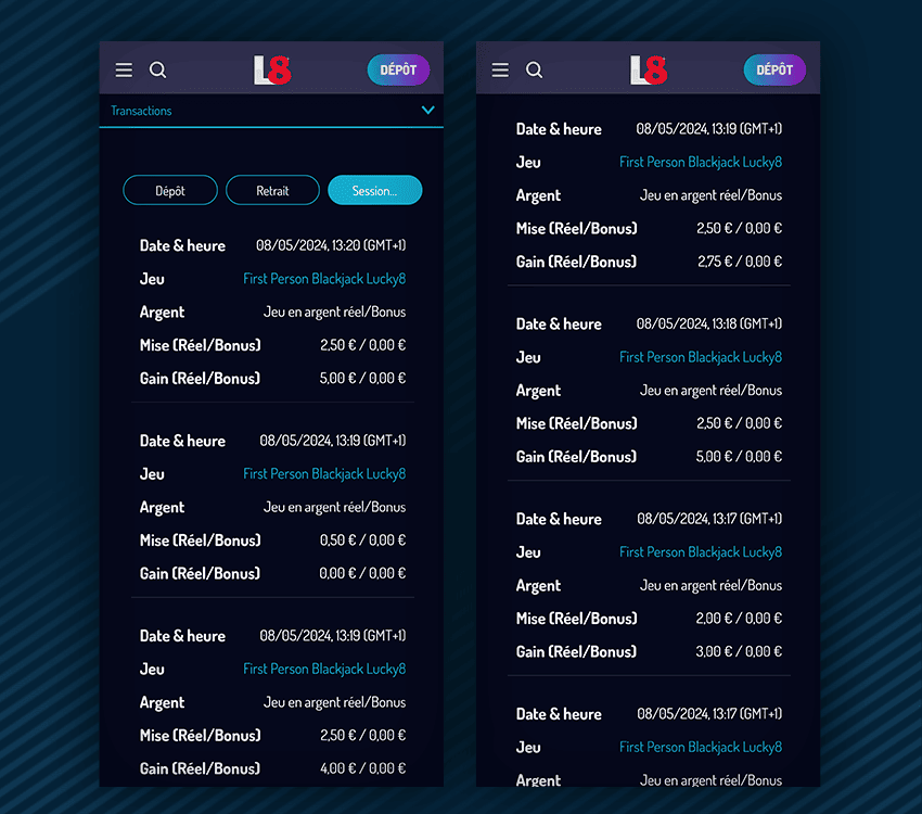 historique et transaction de lucky8 casino