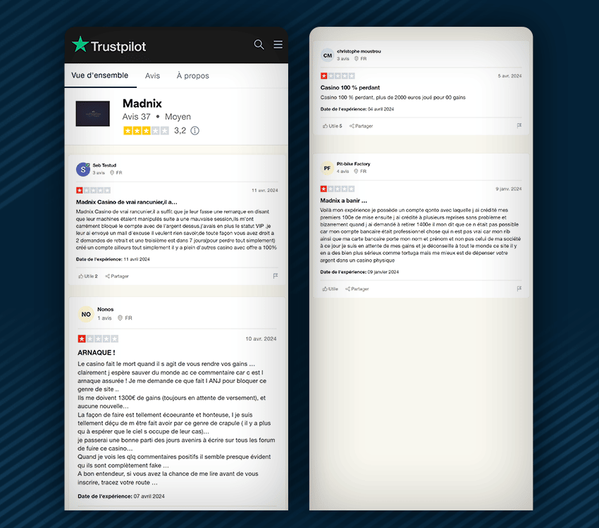 commentaires négatifs madnix casino