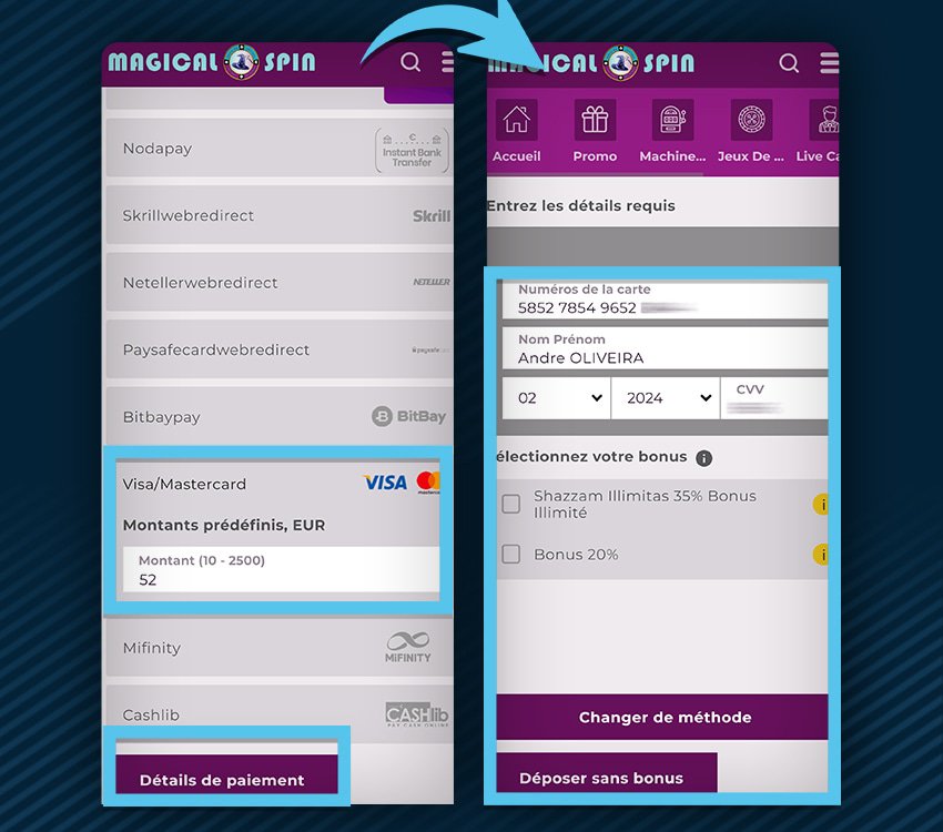 magical spin casino comment deposer carte credit etape 1