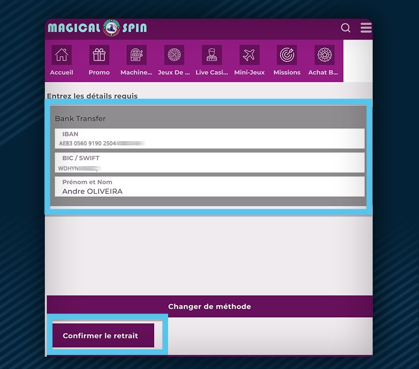 magical spin casino comment retirer virement etape 2