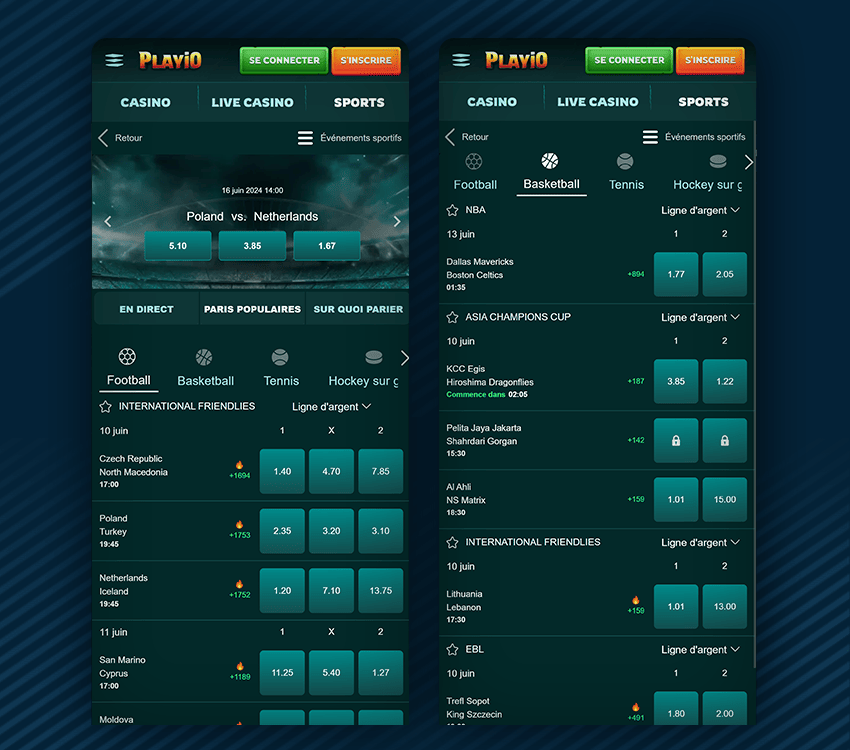 section sport disponible sur playio casino