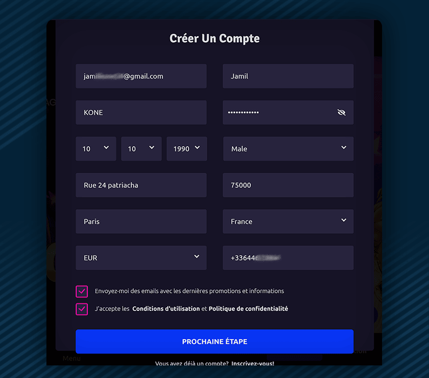 rizz casino comment s'inscrire etape 2