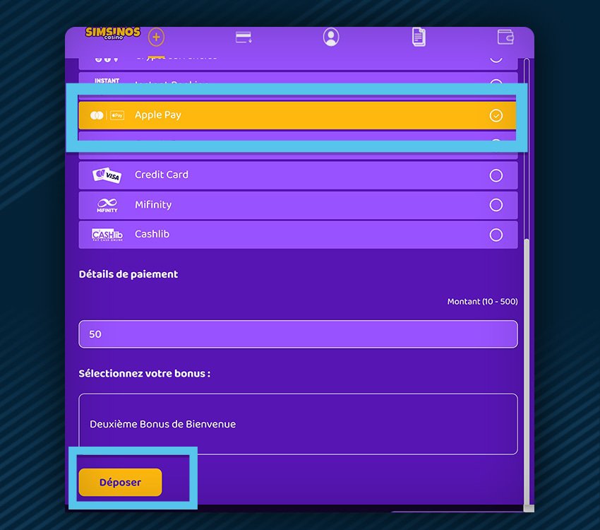 simsinos casino comment deposer apple pay etape 1