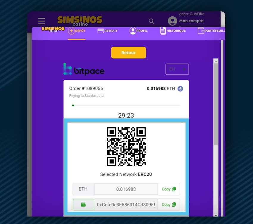 simsinos casino comment deposer cryptomonnaies etape 3