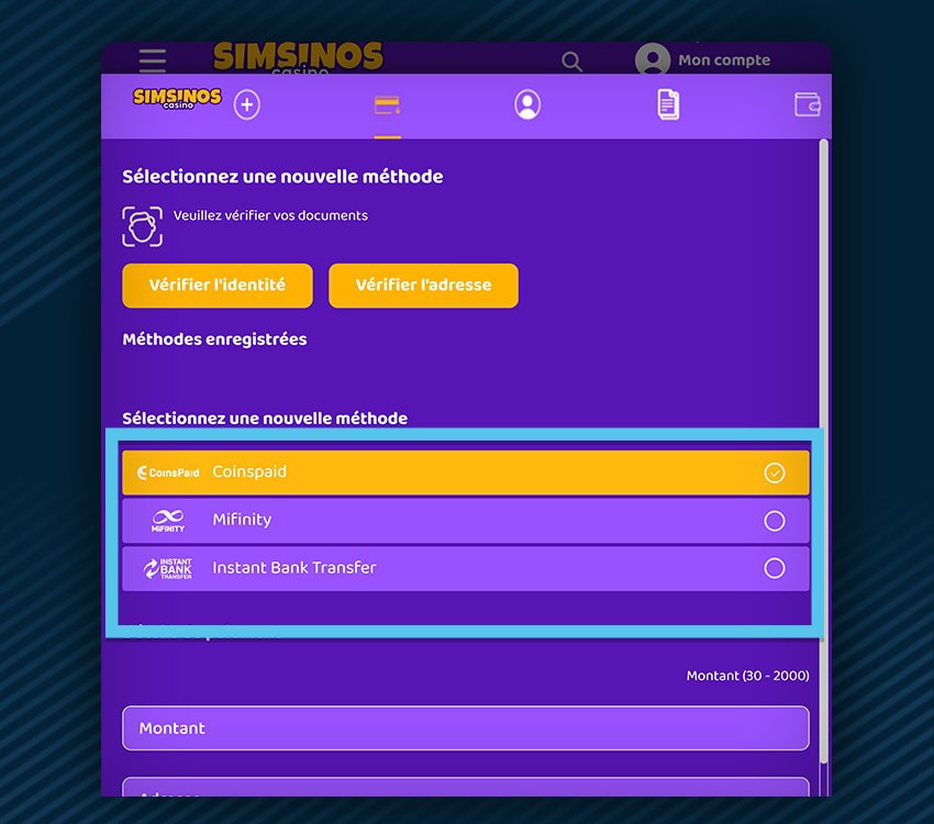 simsinos casino comment retirer crypto etape 1