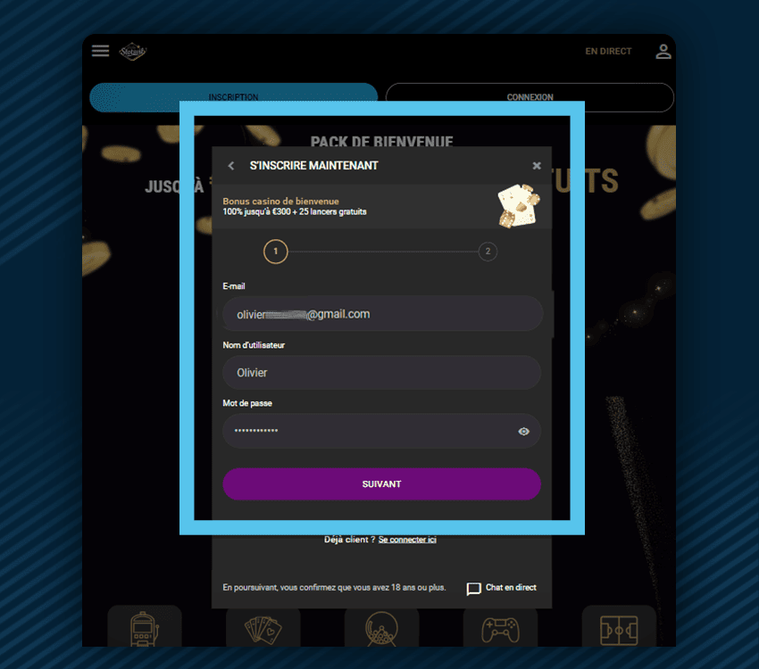 comment s'inscrire sur slotsvil casino etape 3