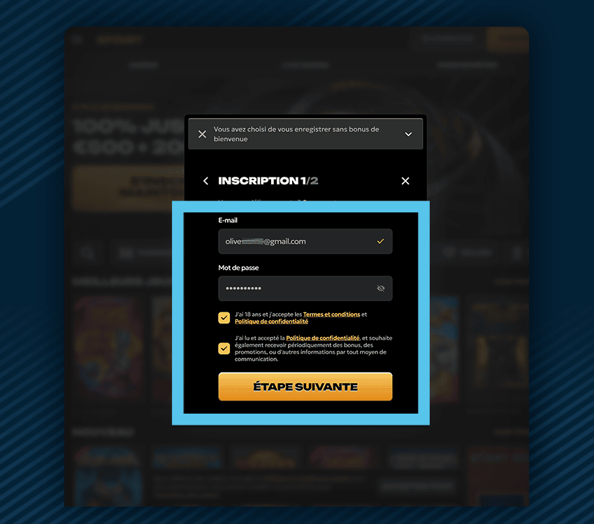 spinsy casino comment s'inscrire etape 3