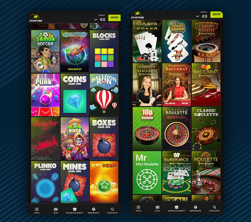 catalogue de jeux disponibles sur sportuna casino