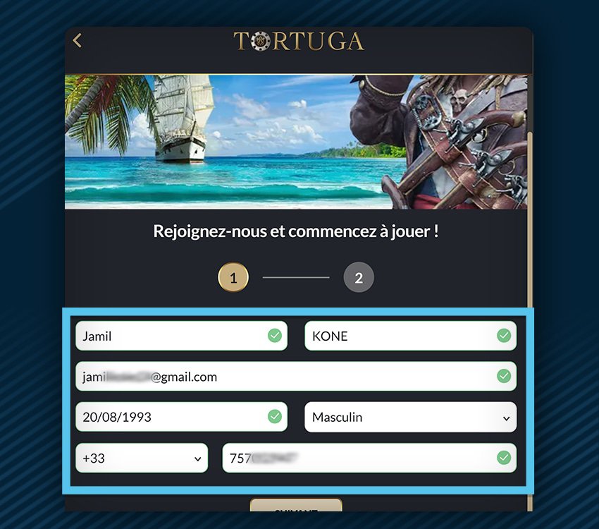 tortuga casino comment s'inscrire etape 2