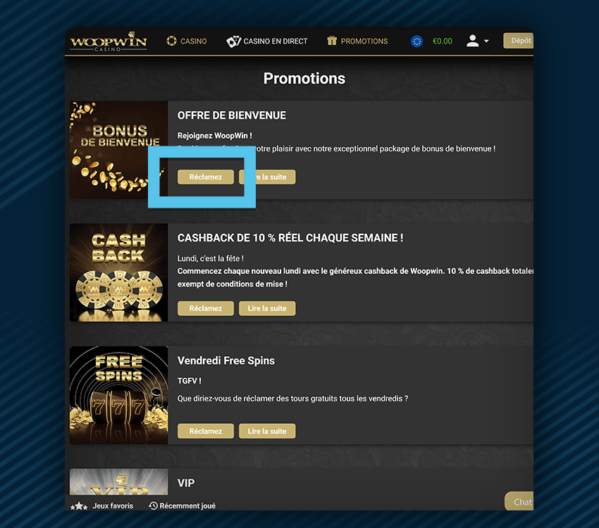 woopwin casino comment reclamer bonus etape 2